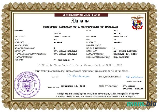 Panama akt małżeństwa Word i PDF szablon